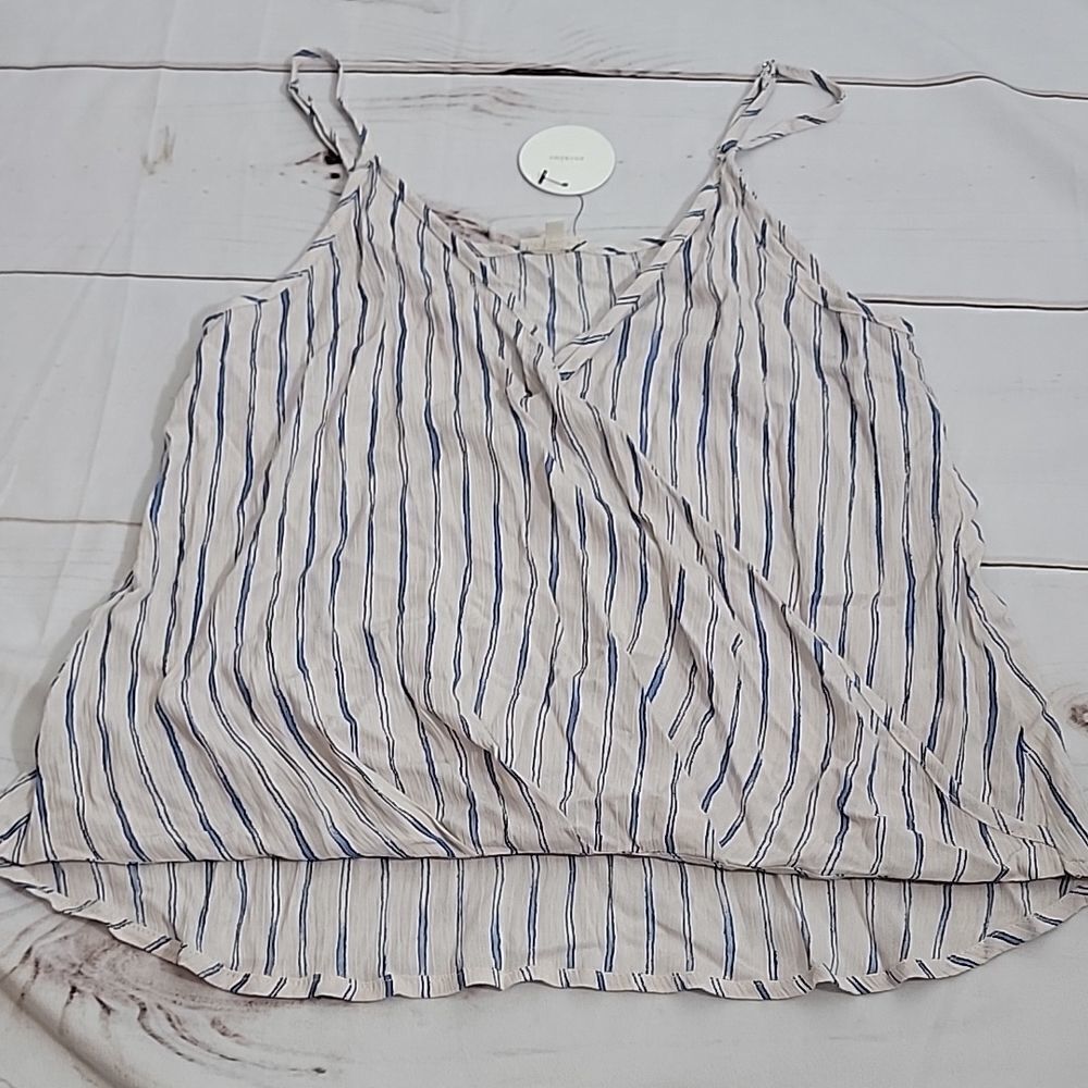 En Cream Mock Wrap Cami Tank Top Small In Off White And Blue Stripped Pattern
